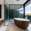 3 A modern, minimalist bathroom with a freestanding tub, floating vanity, and floor-to-ceiling windows1, Generative AI Royalty Free Stock Photo
