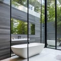 3 A modern, minimalist bathroom with a freestanding tub, floating vanity, and floor-to-ceiling windows4, Generative AI Royalty Free Stock Photo