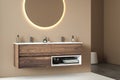 Modern minimalist bathroom interior, modern bathroom cabinet, double sink, oval mirror, Royalty Free Stock Photo