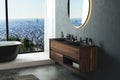 Modern minimalist bathroom interior, modern bathroom cabinet, double sink, oval mirror, Royalty Free Stock Photo