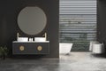 Modern minimalist bathroom interior, modern bathroom cabinet, double sink,