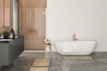 Modern minimalist bathroom interior, modern bathroom cabinet, double sink, square mirror, Royalty Free Stock Photo