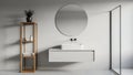Modern Minimalist Bathroom Interior Design with Circular Mirror and Floating Sink Royalty Free Stock Photo