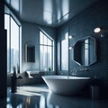 Modern Minimalist Bathroom Interior Design, Decorative Metal Futuristic Elements Wall, Round Ceramic Bathtub and Sink, Large Royalty Free Stock Photo