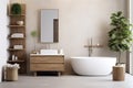 Modern minimalist bathroom interior, modern bathroom cabinet, white sink, wooden vanity, interior plants