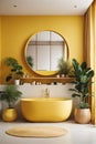 Modern minimalist bathroom interior, yellow bathroom cabinet