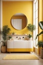 Modern minimalist bathroom interior, yellow bathroom cabinet