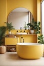 Modern minimalist bathroom interior, yellow bathroom cabinet.