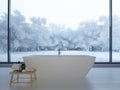 Modern minimalist bathroom with large windows and a nice view. 3d rendering