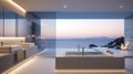 Modern minimalist bathroom with luxurious jacuzzi, large windows and sunset sea views. Quiet Luxury Royalty Free Stock Photo