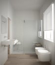 Modern minimalist bathroom with parquet oak wood floor and white mosaic tiles, window and walk-in shower, contemporary Royalty Free Stock Photo