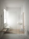 Modern minimalist bathroom with parquet oak wood floor and white mosaic tiles, window and walk-in shower, contemporary Royalty Free Stock Photo