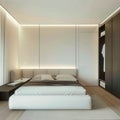 Modern Minimalist Bedroom Design With Integrated Lighting and White Bed Royalty Free Stock Photo