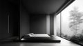 Minimalist Bedroom with Large Window View Misty Forest Royalty Free Stock Photo