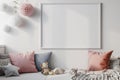 Modern Minimalist Bedroom Interior with Blank Frame Poster Royalty Free Stock Photo