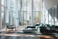 Modern minimalist bright living room interior. Hardwood floor, abstract painting on the wall, trendy emerald sofa