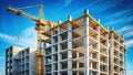 Modern Minimalist Concrete Apartment Building Under Construction with Tower Crane Royalty Free Stock Photo