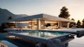 Modern minimalist concrete and glass house in mountains. Luxury villa with terrace and pool