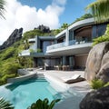 Modern minimalist concrete and glass house in mountains. Luxury villa with terrace and pool. Created with generative Ai