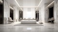 Modern minimalist contemporary bathroom with white marble floor, elegant bathtub, quiet luxurious