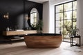 home bathtub wood design bathroom luxury modern interior marble furniture black. Generative AI. Royalty Free Stock Photo
