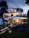 Modern minimalist cottage with smooth curved forms. Villa with balcony on the hill Royalty Free Stock Photo