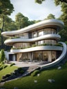 Modern minimalist cottage with smooth curved forms. Villa with balcony on the hill Royalty Free Stock Photo