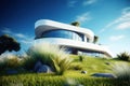 Modern minimalist cottage with smooth curved forms. Villa with balcony on the hill. Created with generative Ai