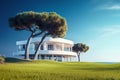 Modern minimalist cottage with smooth round forms. Villa with balcony on the hill. Created with generative Ai