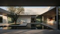 Modern minimalist courtyard with a tranquil reflecting pool and a single olive tree surrounded by concrete Royalty Free Stock Photo
