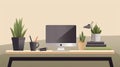 A modern, minimalist desk setup with laptop and a potted succulent, set against a clean and well-organized workspace