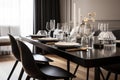 modern, minimalist dining room with sleek furniture and glass tabletop