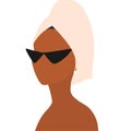 Modern minimalist female portrait. Trendy abstract illustration. Woman wearing sunglasses and with a towel on her head