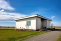 modern minimalist flat roof house on prairie, daytime