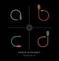 Modern minimalist font alphabet shaped like archery arrows. Letters a,b,c,d.