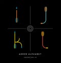 Modern minimalist font alphabet shaped like archery arrows. Letters i, j, k, l. Royalty Free Stock Photo