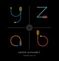 Modern minimalist font alphabet shaped like archery arrows. Letters z, y, a, b.