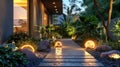 A modern, minimalist garden path lit by warm, inviting light Royalty Free Stock Photo