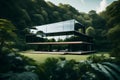 A modern, minimalist glass house surrounded by lush greenery,