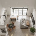 Modern Minimalist High Angle Interior Home with Kitchen and Living Space Royalty Free Stock Photo