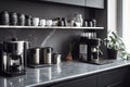 A modern, minimalist home coffee bar , featuring a sleek espresso machine, a collection of stylish mugs, and an assortment of
