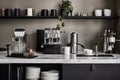 A modern, minimalist home coffee bar , featuring a sleek espresso machine, a collection of stylish mugs, and an assortment of