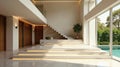 Modern minimalist home interior design with illuminated staircase and pool view. Generative AI Royalty Free Stock Photo