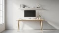 Modern Minimalist Home Office Workspace with Computer Screen Wooden Desk Shelf Royalty Free Stock Photo