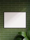 Modern and minimalist horizontal black poster or photo frame mockup on the brick wall in a room with plant and shadow. 3d Royalty Free Stock Photo