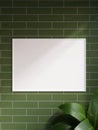 Modern and minimalist horizontal white poster or photo frame mockup on the brick wall in a room with plant and shadow. 3d Royalty Free Stock Photo