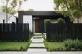 modern, minimalist house exterior with minimalist garden and sleek black fence