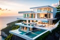 A Modern Minimalist House Perched on a Cliff Overlooking a Vast Azure Ocean - A Sleek Infinity Pool Blending with Coastal Serenity