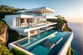 A Modern Minimalist House Perched on a Cliff Overlooking a Vast Azure Ocean - A Sleek Infinity Pool Blending with Coastal Serenity