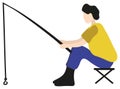 Modern minimalist illustration of a man fishing while sitting on a stool